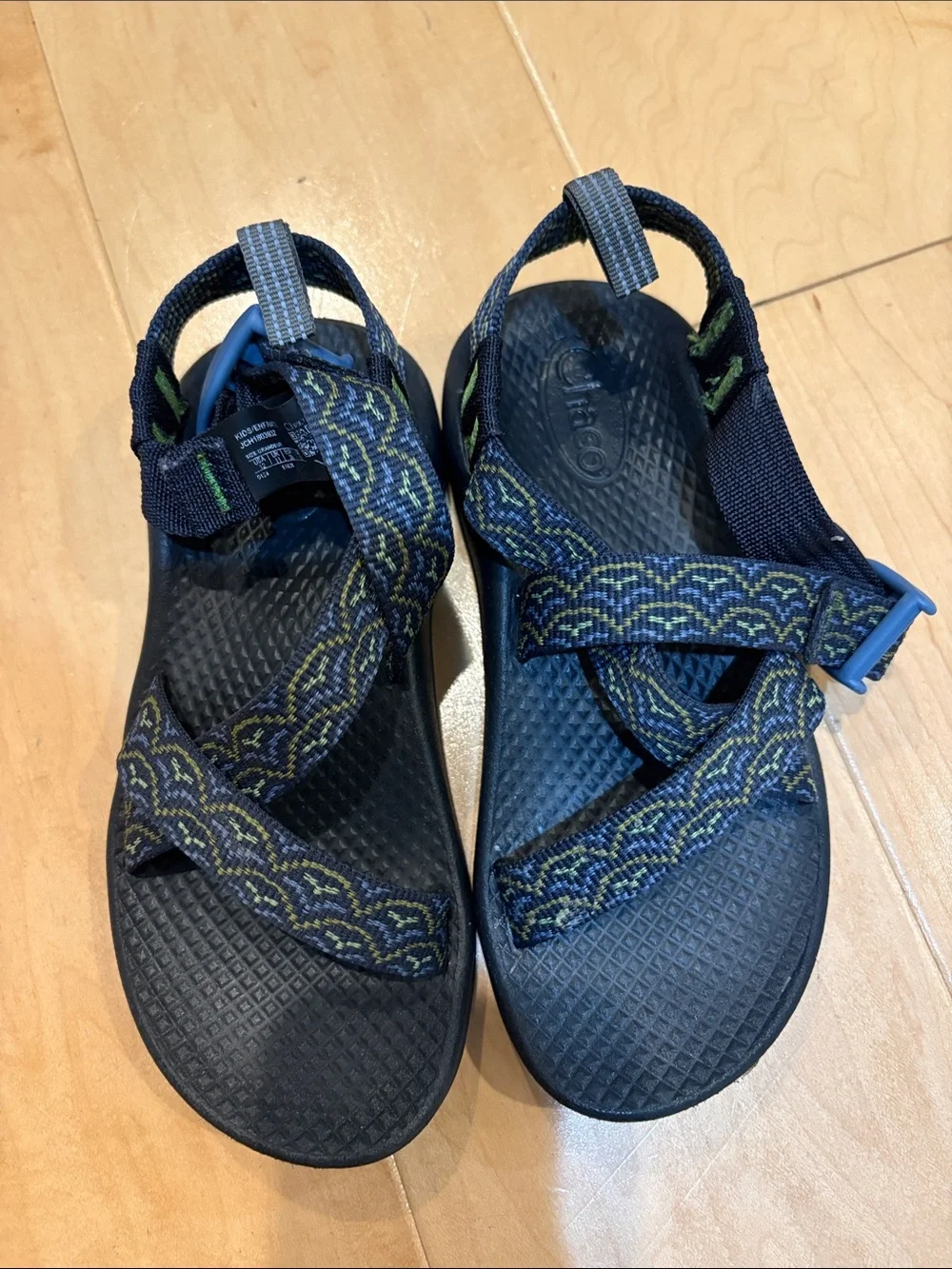 Kids Chacos Navy Sandals with Yellow-Green Patterned Webbing